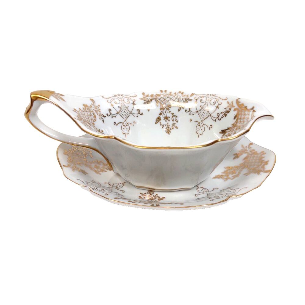 Vintage Hand Painted Nippon Andrea Sadek Gravy Boat w Underplate Gold Gilt 6”